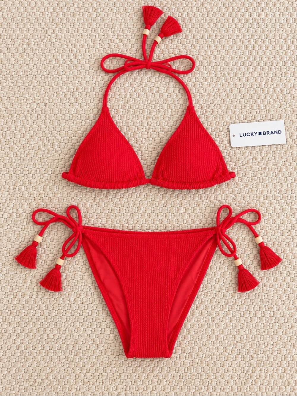 NWT Lucky Brand Red Textured Triangle Bikini Set Size Small